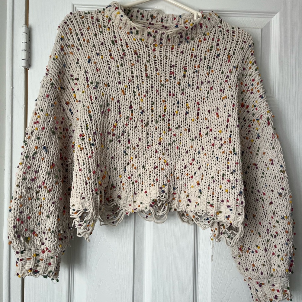Distressed Cream Knit Sweater with Rainbow Speckles